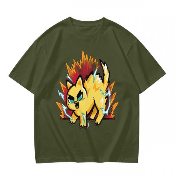 Olive T-Shirt With Super Saiyan Style Electric Cat Graphic