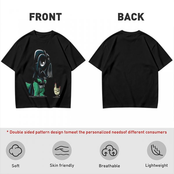 Olive T-shirt with cartoon dinosaur in Darth Vader helmet and chicken print