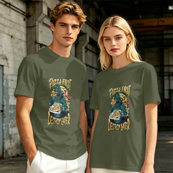Olive T-Shirt with Godzilla Pizza First Destroy Later Print