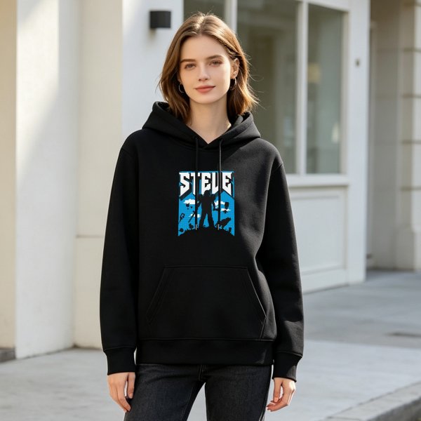 Black hoodie with Steve Minecraft-style graphic print