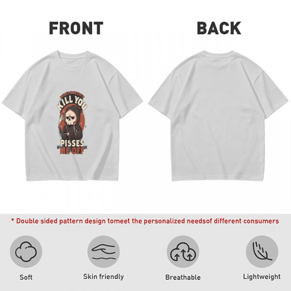 Olive t-shirt with grim reaper graphic and provocative text
