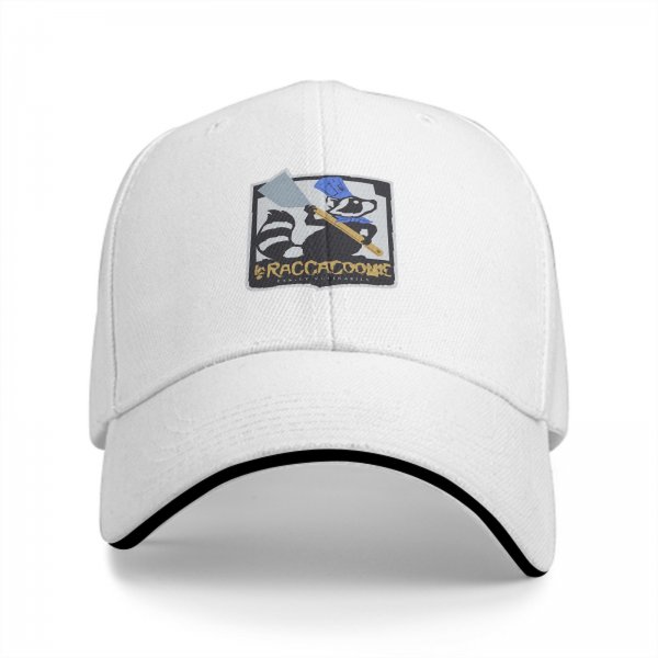 Black baseball cap with raccoon chef graphic and RACCACOOKIE text
