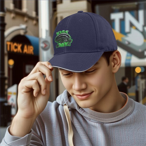 Black baseball cap with alien graphic and 'Kiss Me' text