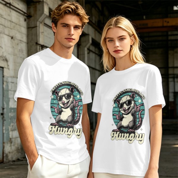 Olive graphic tee with sarcastic hungry opossum in sunglasses