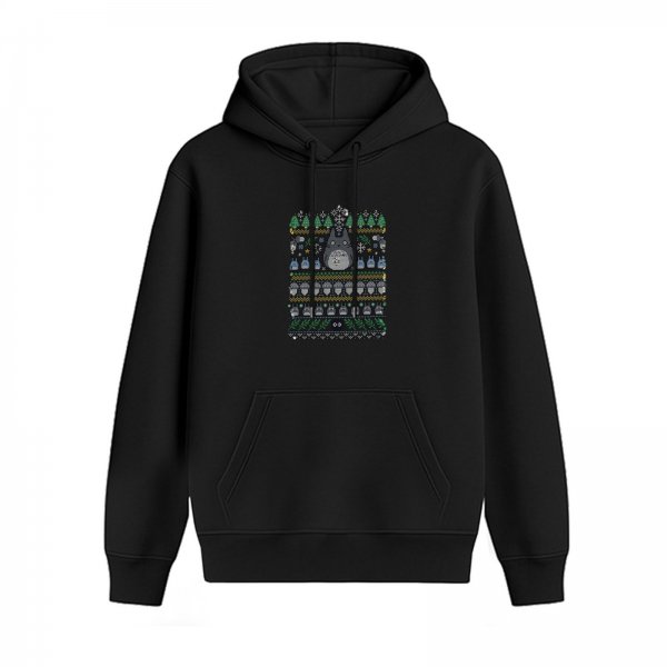 Black Hoodie With Totoro Themed Festive Knit Style Print