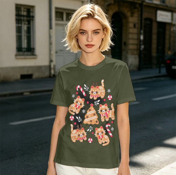 Olive Green Christmas Cat Gingerbread Graphic T-Shirt