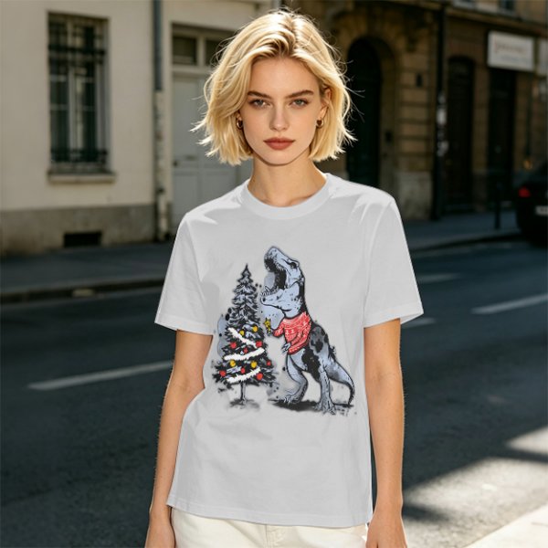 Olive T-shirt with T-Rex in Christmas sweater decorating a tree