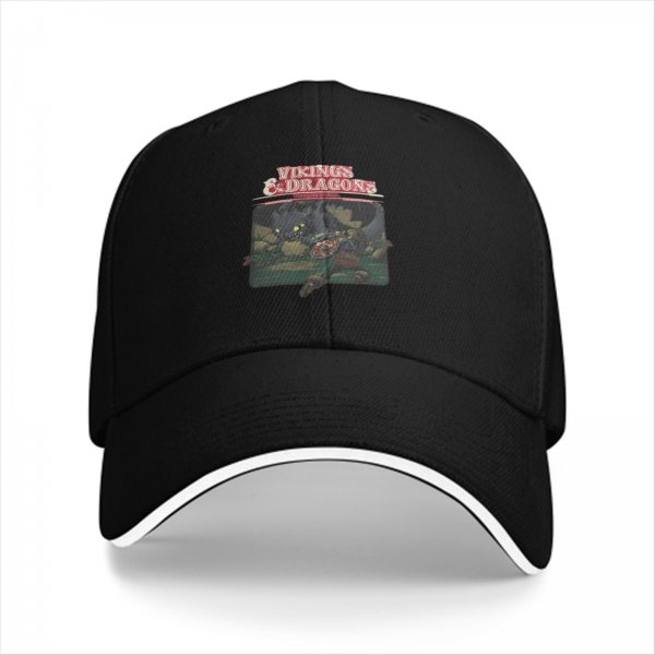 Black Baseball Cap With Vikings And Dragons Graphic Print