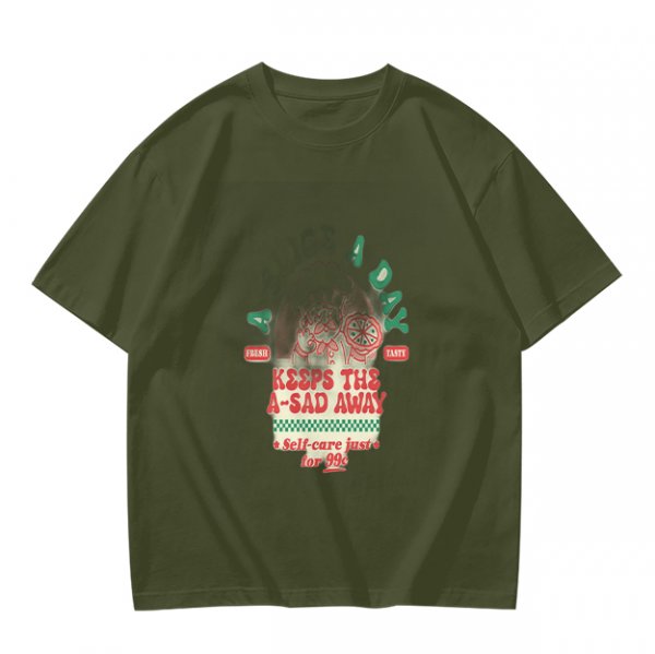 Olive graphic t-shirt with funny cat and 'keeps the a-sad away' text