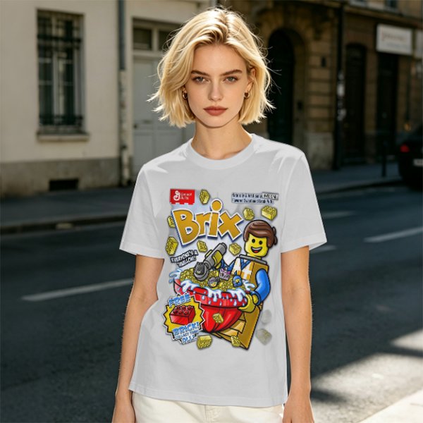 Olive t-shirt with Lego-style Brix cereal graphic print