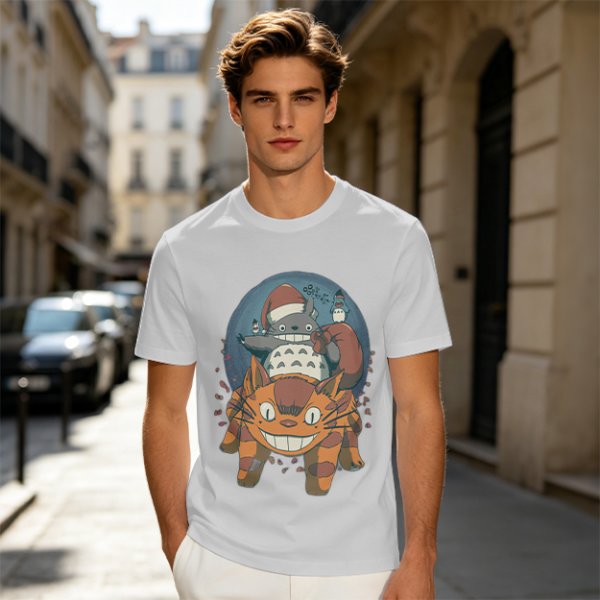 Olive T-shirt with Christmas Totoro Riding Catbus Graphic