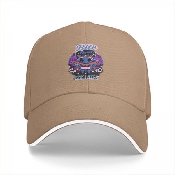 Black baseball cap with cute bat graphic and 'Bite First Ask Later' text