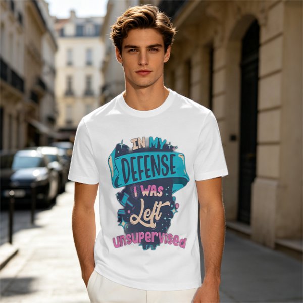 Olive t-shirt with 'In My Defense I Was Left Unsupervised' graphic