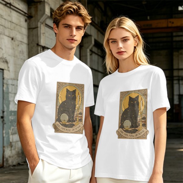 Olive T-Shirt With Black Cat Tarot Card Art That Says You Are Full Of Magic
