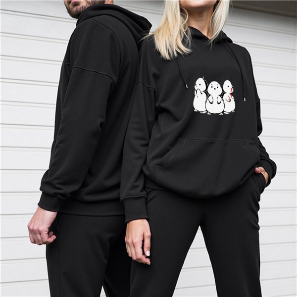 Black hoodie with three stylized white cartoon creatures graphic