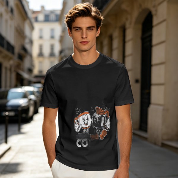Olive T-Shirt with Retro Cartoon Coffee Cup Characters Graphic
