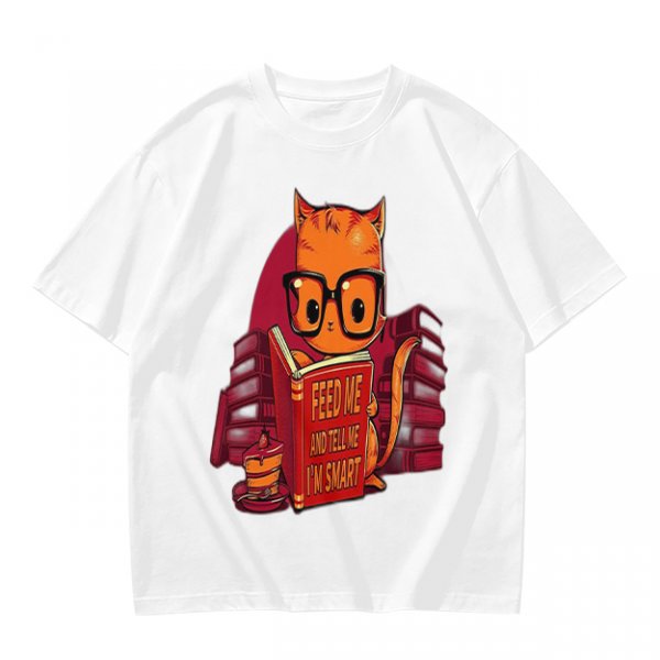 Olive T-Shirt With Nerdy Ginger Cat Reading Book Print