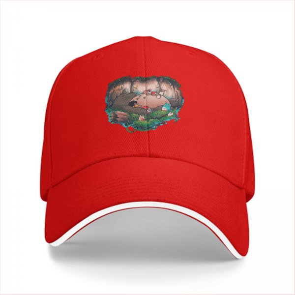 Black baseball cap with forest spirit creature graphic print