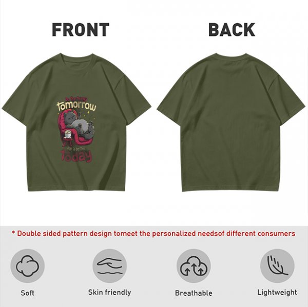 Olive T-Shirt With Relaxed Cat 'Tomorrow For A Better Today' Print