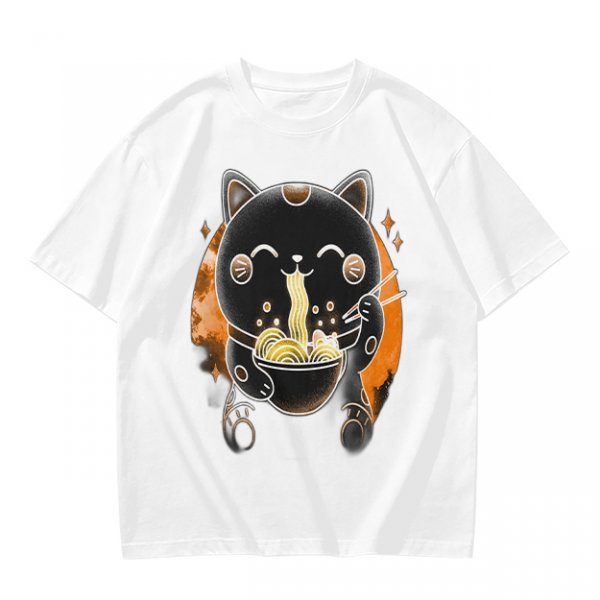 Olive T-Shirt Featuring Black Maneki-neko Cat Eating Ramen