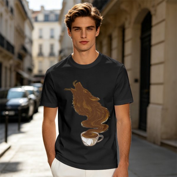 Olive T-Shirt With Coffee Wolf Steam Graphic Print