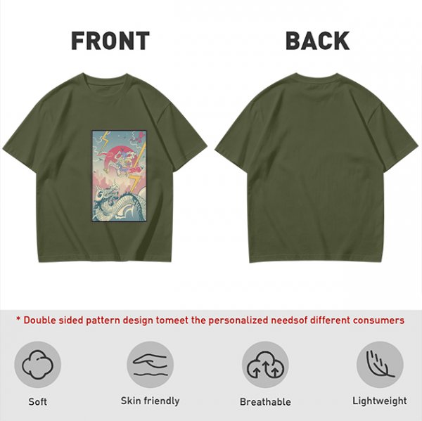 Olive T-shirt with Japanese style dragon and lightning graphic print