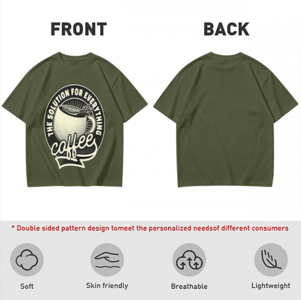 Olive t-shirt with coffee themed 'the solution for everything' print