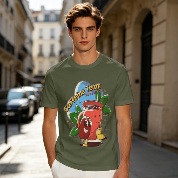 Olive green graphic t-shirt with caffeine team coffee cup and bean illustration