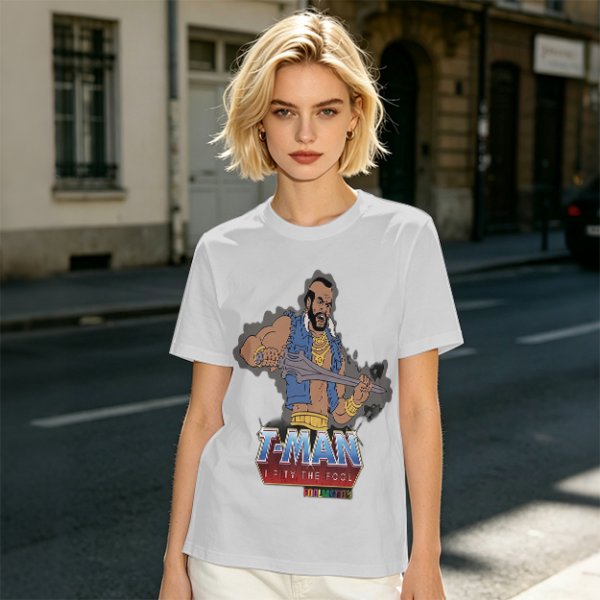Olive T-shirt with T-Man He-Man parody graphic and 'I Pity The Fool' text