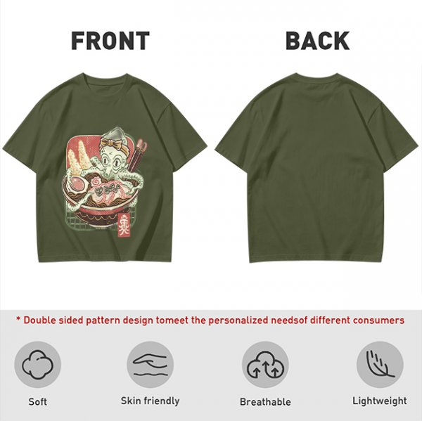 Olive T-Shirt With Octopus Chef In Ramen Bowl Graphic