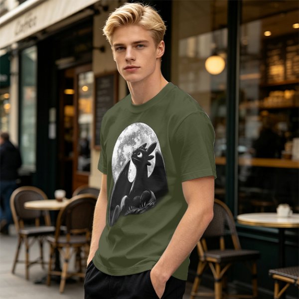Olive T-Shirt Featuring Toothless Dragon Against Full Moon