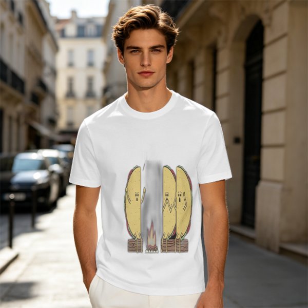 Olive T-Shirt With Funny Taco Characters Around A Campfire