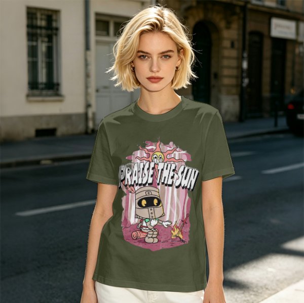 Olive t-shirt with cartoon knight 'Praise the Sun' graphic