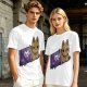 Olive T-shirt with a cartoon cat emerging from a purple chocolate wrapper print