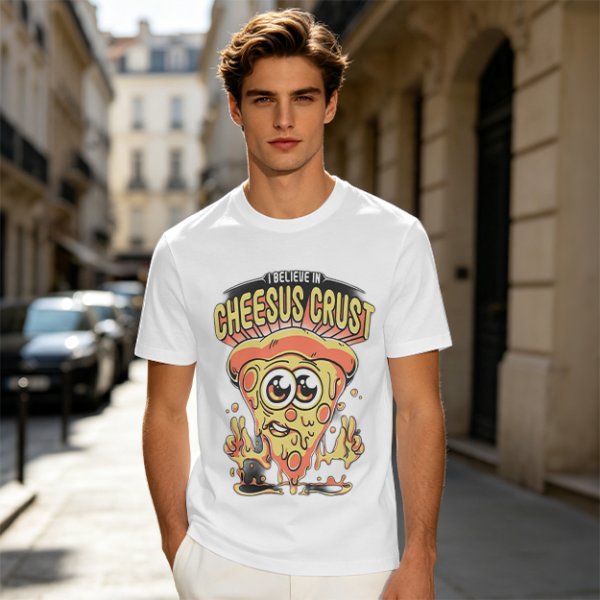 Olive t-shirt with 'I Believe In Cheesus Crust' pizza graphic