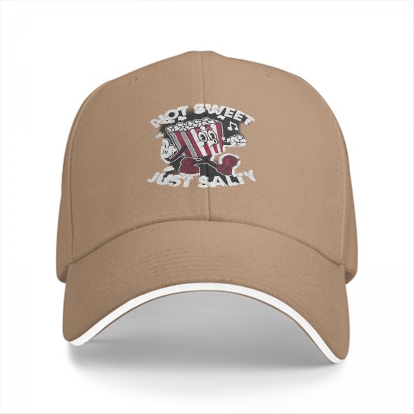 Black baseball cap with 'Not Sweet Just Salty' dancing popcorn graphic