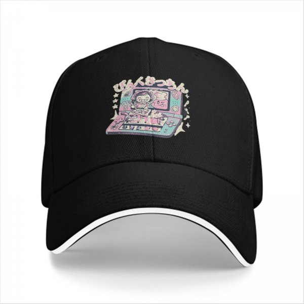 Black baseball cap with pastel handheld gaming and anime character print
