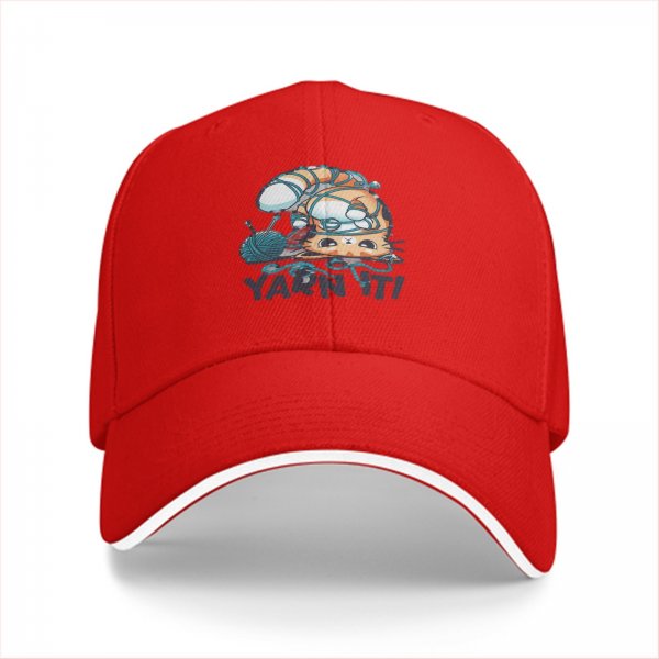 Black baseball cap with tangled orange cat and yarn it graphic