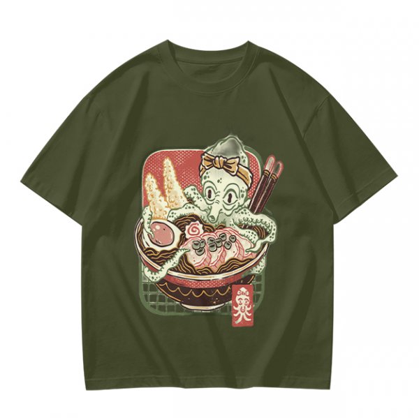 Olive T-Shirt With Octopus Chef In Ramen Bowl Graphic