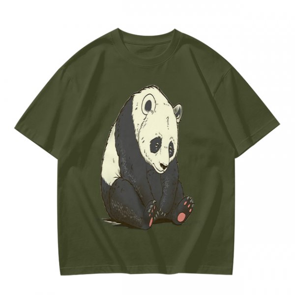 Olive T-shirt with Sad Sitting Panda Graphic Print
