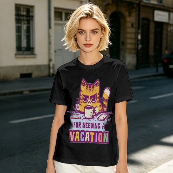 Olive t-shirt with a grumpy cat needing a vacation print