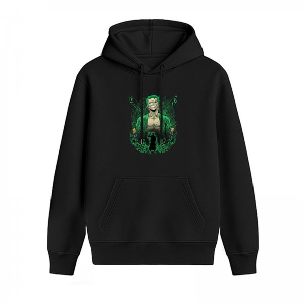 Black Hoodie with Roronoa Zoro Anime Graphic Print