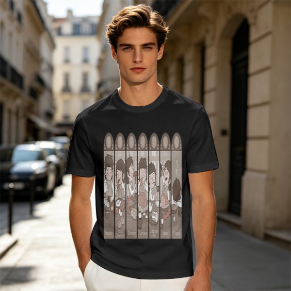Olive Green T-Shirt with Cartoon Medieval Tavern Scene Print