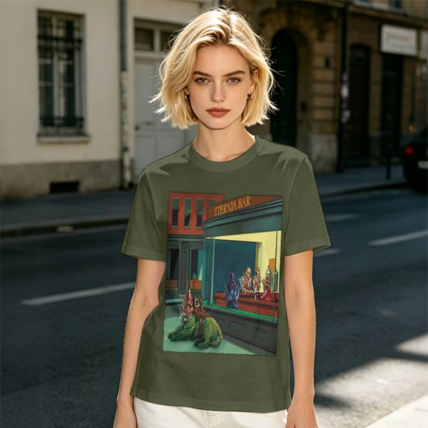 Olive T-Shirt With Surreal Bar Scene Graphic Print