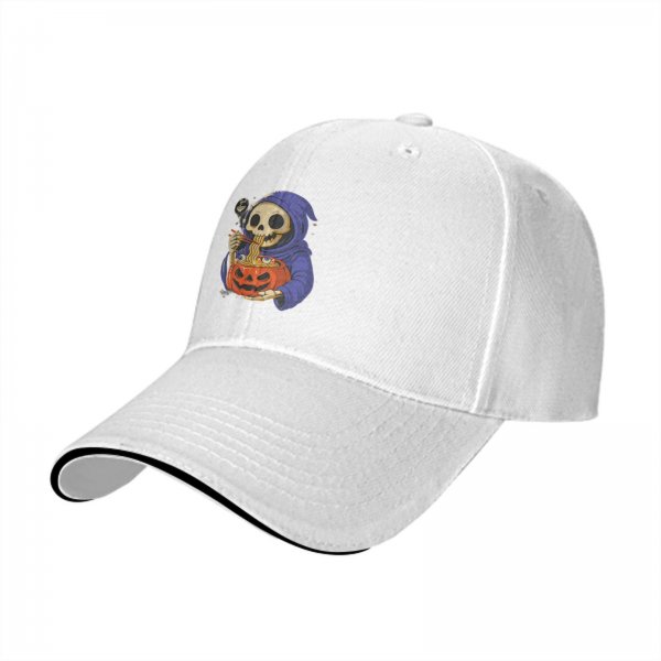 Black baseball cap with grim reaper eating pumpkin ramen graphic