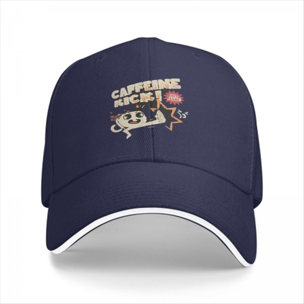 Black baseball cap with caffeine kick cartoon coffee mug graphic