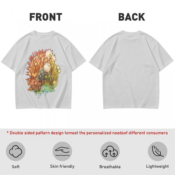 Olive Green T-Shirt with Whimsical Nature Floral and Rock Art Print