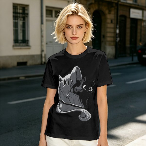 Olive Green T-Shirt With Black Cat Peeking From Knight Helmet Art