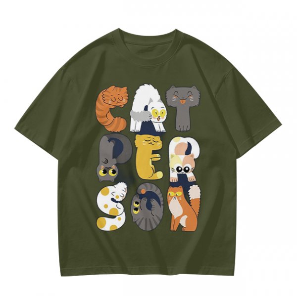 Olive T-Shirt With Cute Cat Letter Graphic Design
