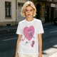 Oversized Olive T-Shirt with Retro Walking Pink Heart Cartoon Graphic